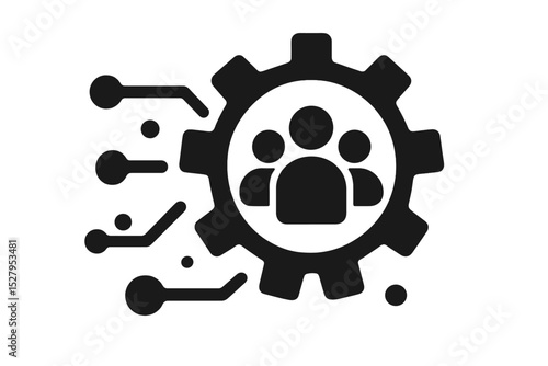 Vector icon depicts teamwork inside a gear mechanism with tech connections