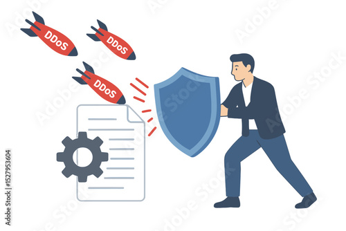 Man defending against ddos attack with shield, protecting data and settings from cyber threats