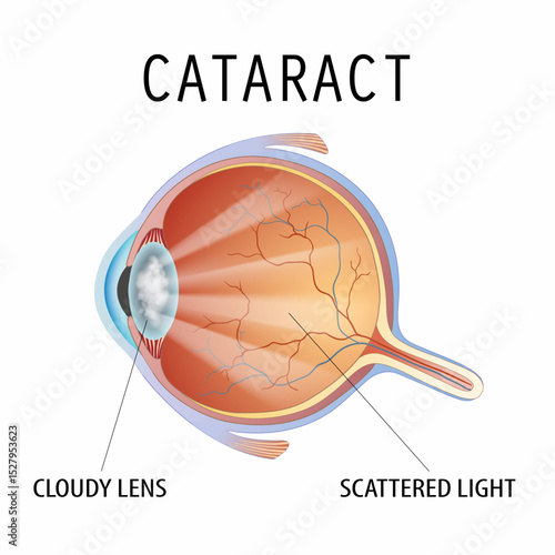 Human eye with cataract. Diagram and structure of the eyeball with a cloudy lens. Isolated on white background. Vector illustration.