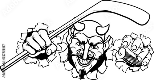 A devil or satan ice hockey sports mascot cartoon character holding a puck and stick
