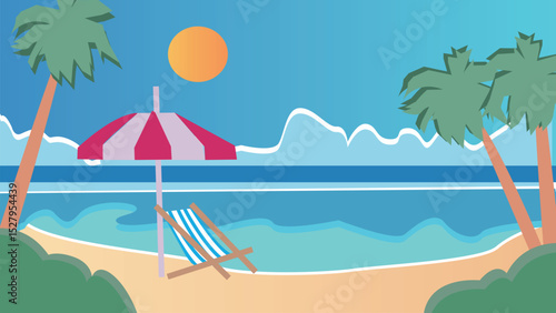 Vector illustration of a sunny seaside vacation with beach, sea, sun, palm trees, and a sun lounger under an umbrella in a bright, cheerful flat design style