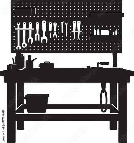 Black silhouette of a well equipped workshop workbench.
