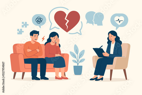 Couple in therapy session with a psychologist. Marriage counseling for relationship crisis. Man and woman on sofa with broken heart. Mental health support and divorce prevention concept.