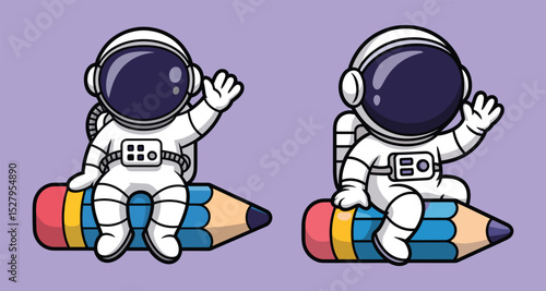 Cute astronaut riding pencil cartoon isolated on white background