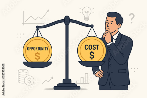 Opportunity cost metaphor. Businessman weighing cost vs opportunity on a balance scale. Financial decision making, investment choice, and business strategy analysis. Risk vs reward.