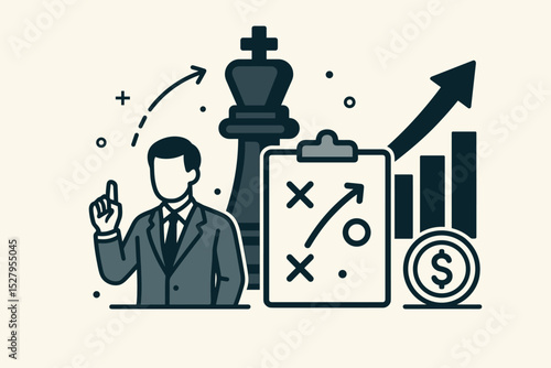 Business strategy concept. Strategic planning for financial growth and success. Businessman leader with tactical clipboard. Chess king for winning moves. Investment chart with dollar sign.