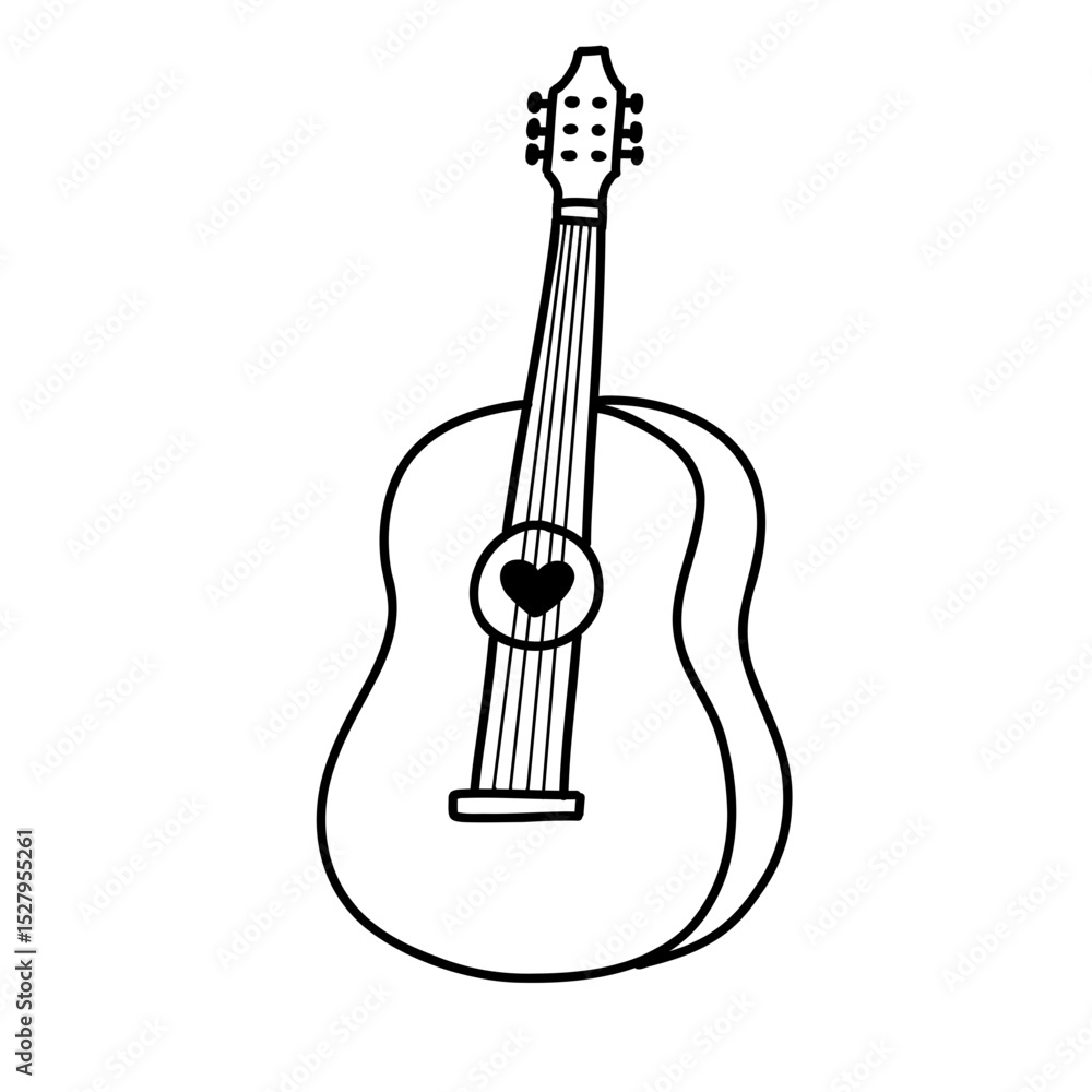 Fototapeta premium Cute hand drawn acoustic guitar with heart love icon doodle vector illustration black white outline stroke line art sketch modern minimalist happy world music musical instrument day