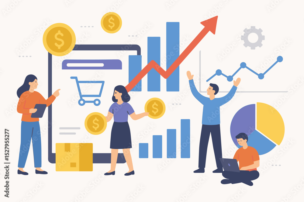 E-commerce analytics concept. Business team analyzing sales data for online store growth. Digital marketing strategy, financial report with graphs, charts and profit metrics. E-commerce analytics concept. Business team analyzing sales data for online store growth. Digital marketing strategy, financial report with graphs, charts and profit metrics.