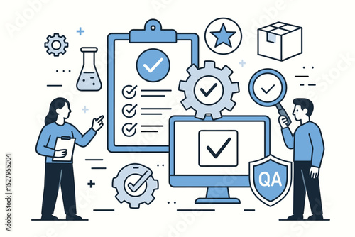 Quality Assurance process concept. QA team doing software testing and product inspection. Business workflow of quality control, standardization, and certification. Flat vector illustration.