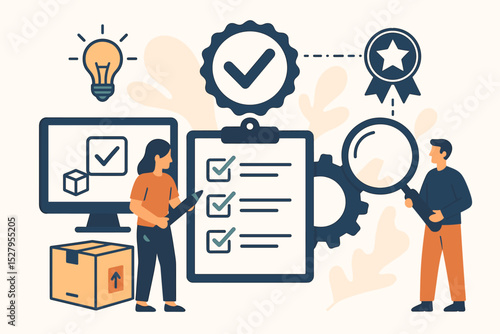 Quality assurance process and control concept. Business team checks product standards. Inspector with magnifying glass and clipboard checklist. Idea, testing, certification workflow.