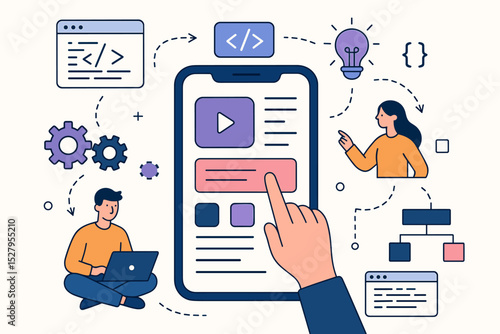 Mobile app development process concept. UI UX design and coding journey. Team creating application interface. Programmer workflow, software engineering, innovation and technology idea.