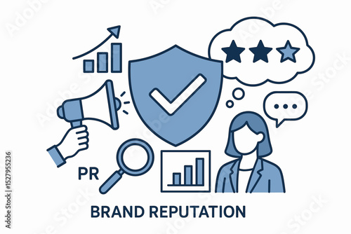 Brand reputation management concept vector illustration. PR, public relations, and online presence strategy. Protecting business image, customer trust, positive feedback, and growth.