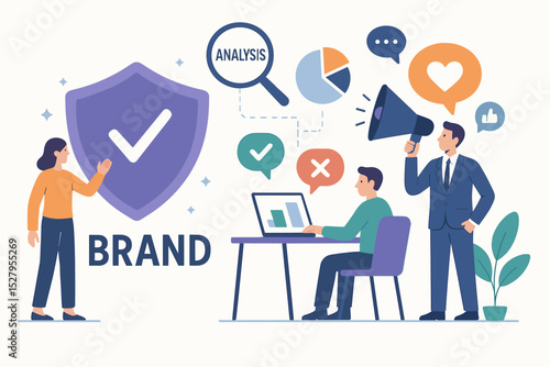Brand reputation management vector illustration. Marketing team protecting corporate identity with a shield. Public relations, communication strategy and customer feedback analysis.