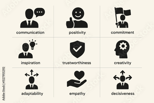 Leadership skills vector icon set. Business management qualities for professional development. Glyphs for communication, creativity, empathy, inspiration, commitment, and adaptability.