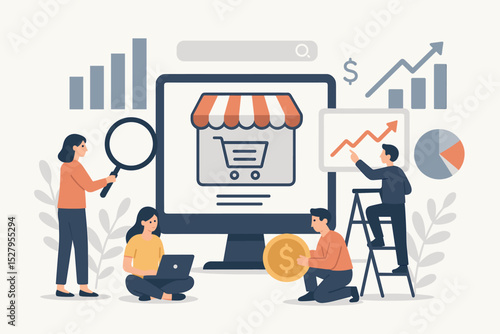 E-commerce analytics concept with a team working on business growth. Digital marketing strategy, data analysis for online store sales and profit. Market research and SEO optimization.
