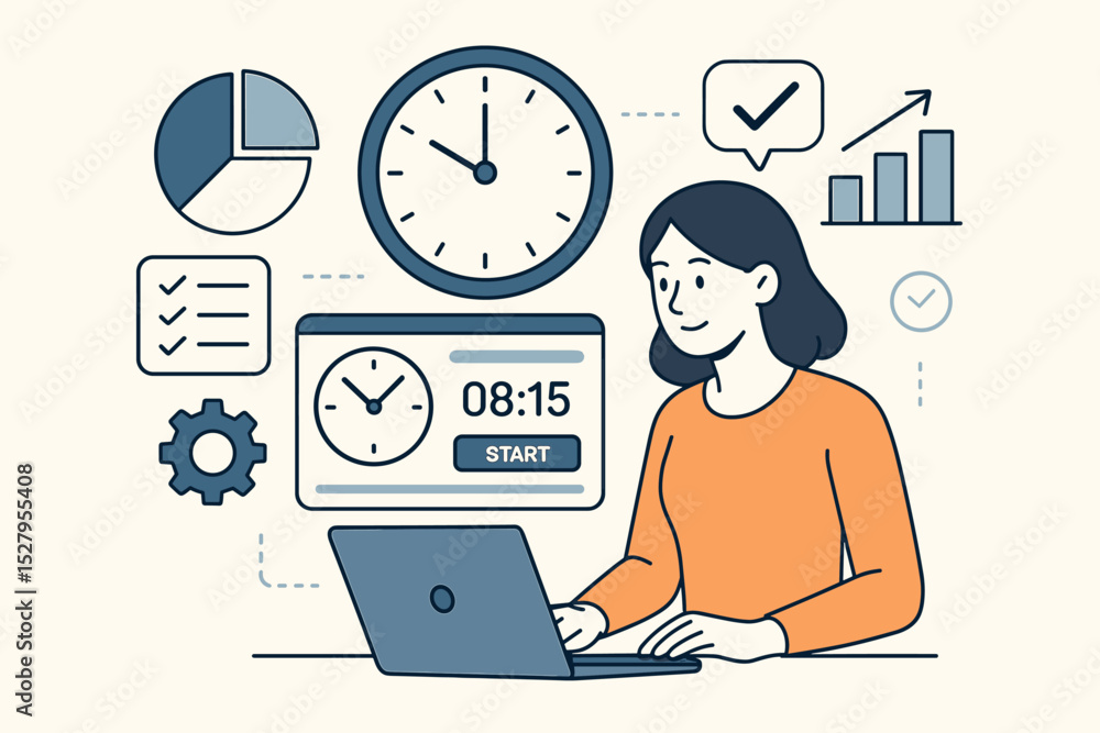 Time management concept with woman using time tracking app on laptop. Business project planning for efficiency and productivity. Organization with timer, checklist, growth chart. Time management concept with woman using time tracking app on laptop. Business project planning for efficiency and productivity. Organization with timer, checklist, growth chart.