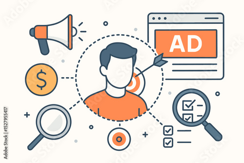 Behavioral targeting vector concept. Digital marketing strategy with user profile analysis for personalized advertising. Audience segmentation and customer data for targeted online ads.