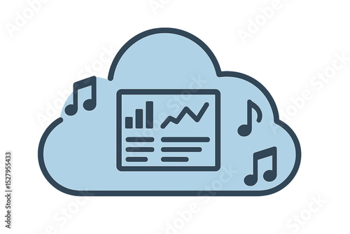 Cloud computing illustration with data graphs and musical notes for online music streaming