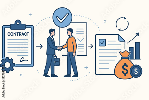 Efficient contract management workflow. Businessmen shaking hands after signing an agreement. Successful partnership, B2B deal, and financial growth vector infographic concept.