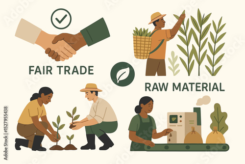 Fair trade vector concept. Ethical business with handshake. Sustainable agriculture with farmers planting and harvesting raw materials. Local production and supply chain illustration.