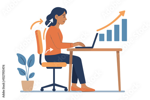 Cartoon woman at desk working on laptop, good posture shown with arrows, rising bar graph indicating progress