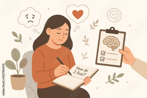 Psychotherapy session concept with woman writing in therapeutic journal. Mental health care, psychology, self-reflection and emotional wellness. Psychologist support illustration.