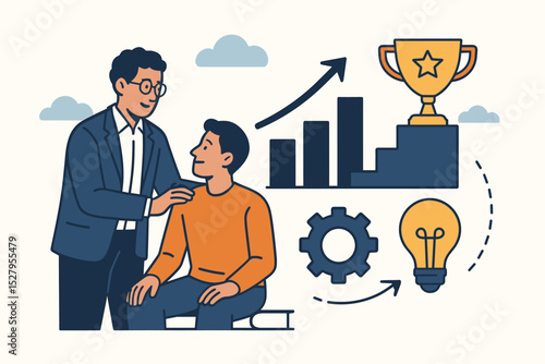 Career coaching concept with mentor and employee. Business guidance for professional growth and development. Leadership, training, motivation and support for success and goal.