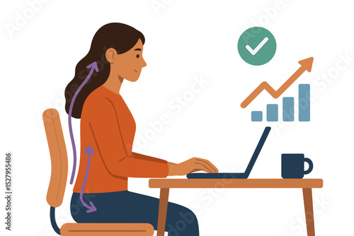 Woman practicing good posture while working at a laptop with rising bar graph
