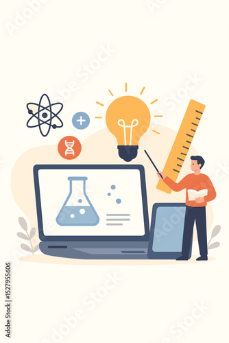 Online science education concept. Teacher gives a virtual lesson on a laptop. E-learning and distance education webinar. STEM education with chemistry, biology, and physics icons.