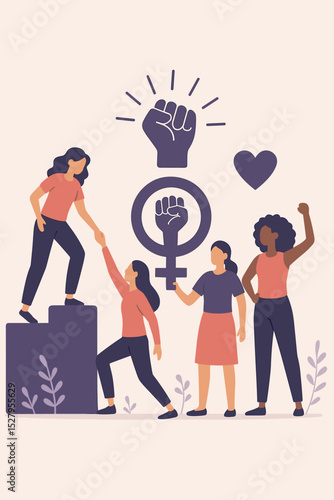Feminism concept with women supporting each other. Unity, strength, sisterhood and female empowerment. Vector illustration for International Women's Day, equality, girl power.