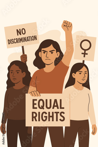 Diverse women protest for equal rights and no discrimination. Feminism concept with raised fist and signs. Vector illustration of female empowerment and gender equality movement.