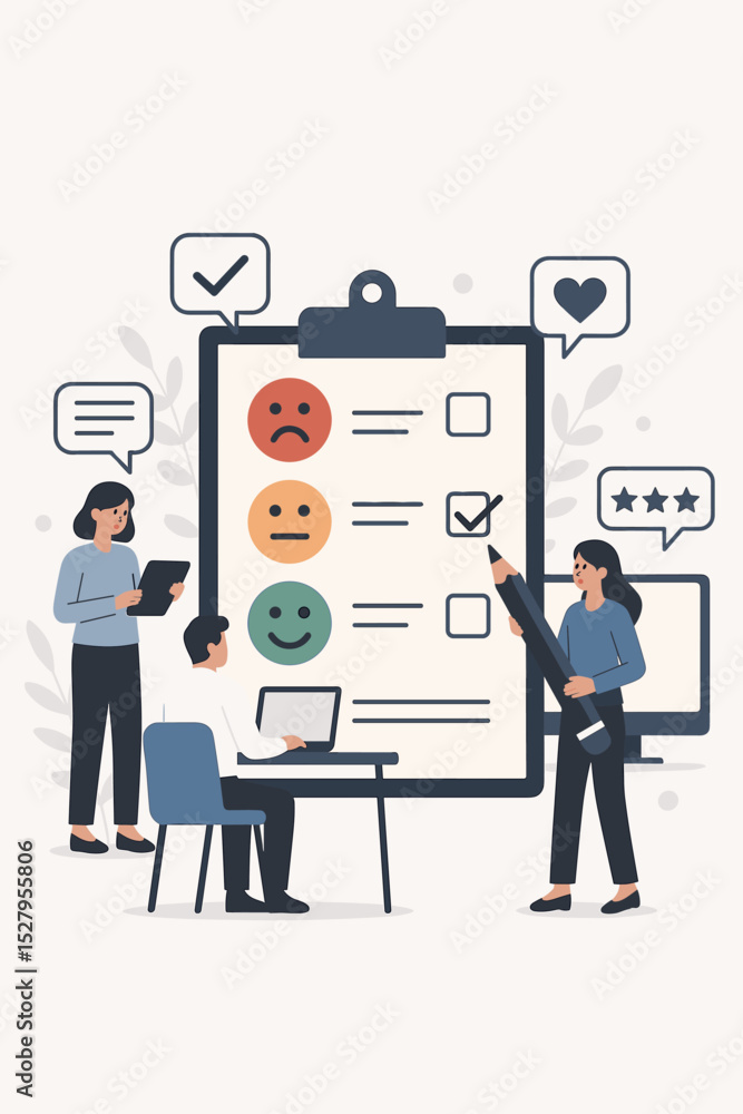 Business feedback concept. People give review on survey. Customer satisfaction and employee evaluation with emoticons. Service rating on clipboard checklist. Performance poll. Business feedback concept. People give review on survey. Customer satisfaction and employee evaluation with emoticons. Service rating on clipboard checklist. Performance poll.