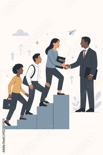 Career ladder success concept. Diverse people climbing stairs for professional growth. Mentor shaking hands with employee. Mentorship, guidance, job opportunity and skill development.