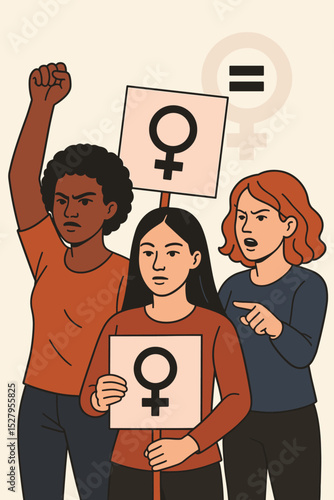 Feminism concept. Women's rights protest. Diverse group of empowered female activists fighting for gender equality. Multicultural sisterhood with raised fist and signs vector.