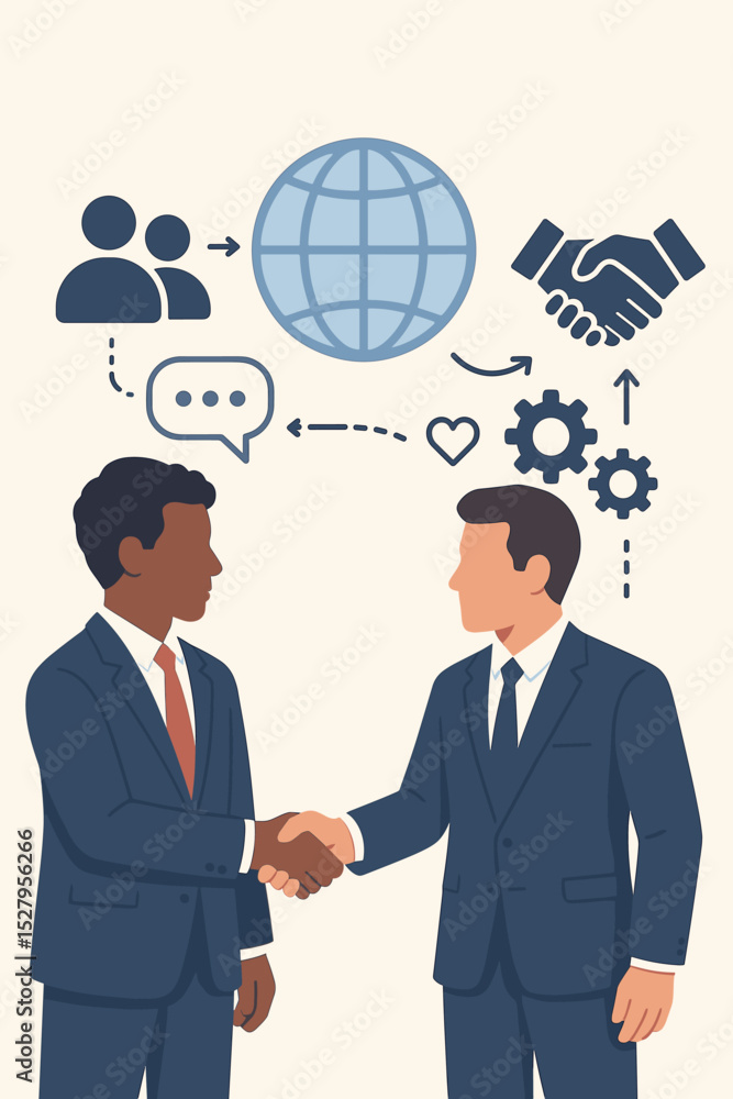 Global partnership concept with businessmen shaking hands. International business deal, corporate agreement. Diversity, communication, synergy, strategy, and teamwork icons vector. Global partnership concept with businessmen shaking hands. International business deal, corporate agreement. Diversity, communication, synergy, strategy, and teamwork icons vector.
