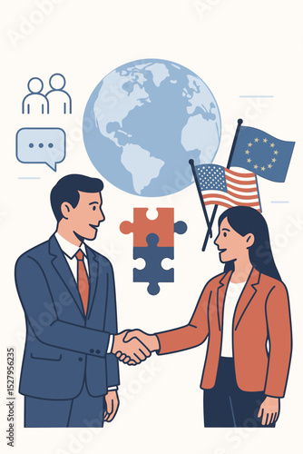 USA and EU partnership concept. Global business people shaking hands. International relations, diplomacy, cooperation. Transatlantic agreement vector. World trade deal illustration.
