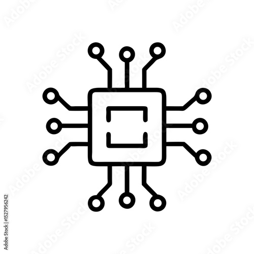 Line icon of a central chip with extending circuit lines, representing processing power, digital systems, and smart technology.
