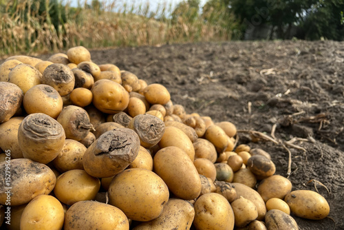 Damaged, spoiled potatoes, unhealthy vegetables. Sick, disease, late blight. Rotten harvest. Crop failure. Tuber affected by bacterial decay. Helminthosporium solani.