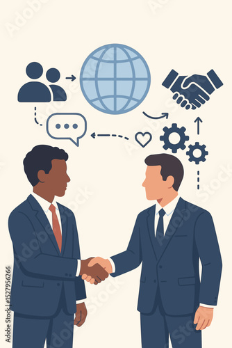 Global partnership concept with businessmen shaking hands. International business deal, corporate agreement. Diversity, communication, synergy, strategy, and teamwork icons vector.