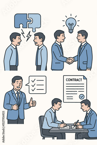 Vector illustration set of the business negotiation process. From conflict and disagreement to successful resolution. Partnership, handshake, new idea, signing a contract for a deal.