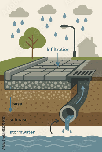 Permeable pavement system diagram showing stormwater management. Water infiltration through porous paving, base, and subbase layers. Sustainable urban drainage solutions for ecology.