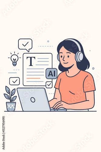 AI writing assistant concept. Woman at laptop using artificial intelligence for content creation and copywriting. Technology for text generation, editing, proofreading and automation.