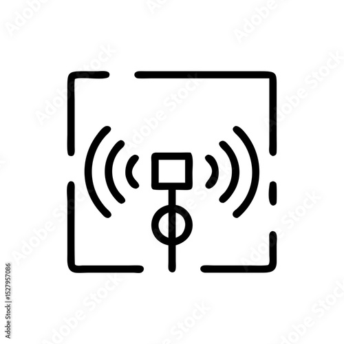 Minimal icon of a wireless sensor inside a detection frame, representing IoT monitoring, smart security, or signal tracking systems.
