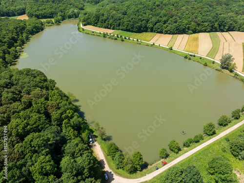 Obraz na plátně Aerial view of the fishpond near Ravenska Kapela, Croatia