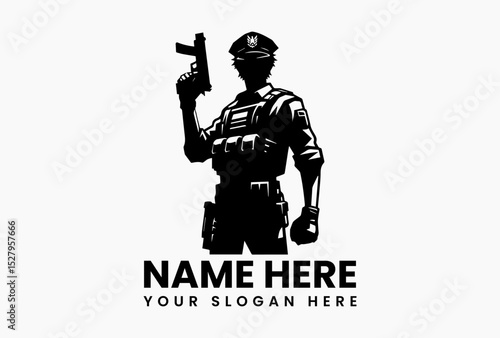 Silhouette of police officer holding firearm in uniform with serious expression
