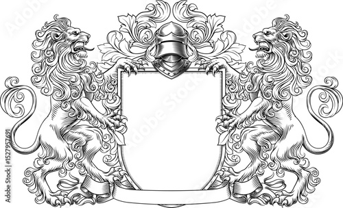 Lions coat of arms or crest family heraldry medieval heraldic knight shield with helmet and acanthus filigree scroll ornament in a vintage woodcut style.