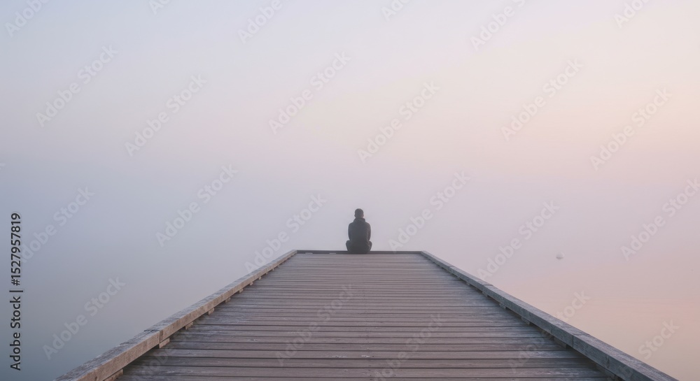 Obraz premium Solitude on a Misty Pier: A Serene Morning by the Lake