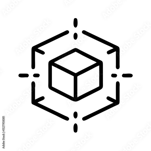 Line icon of a 3D cube surrounded by tracking dots, representing spatial mapping, AR/VR technology, or object detection systems.
