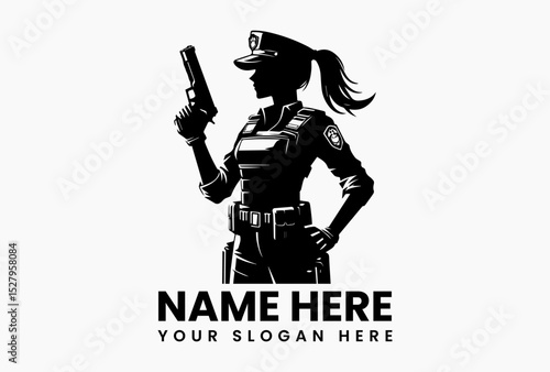 Silhouette of police officer holding firearm in uniform with serious expression
