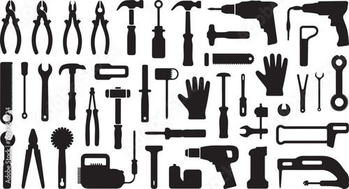 Tool Silhouette Set Hammer Drill Wrench Pliers Work Gear Art